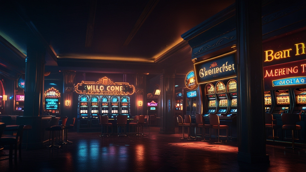 Dark casino scene with bonus code text glowing above a slot machine