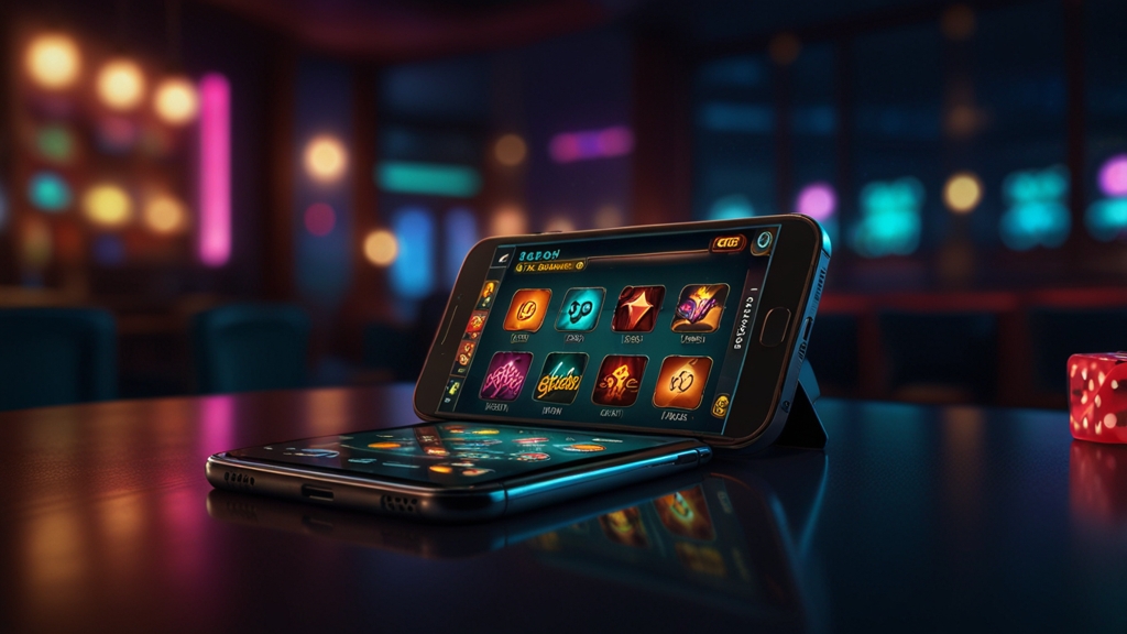 Mobile phone showing a casino app download screen in a dark, atmospheric setting