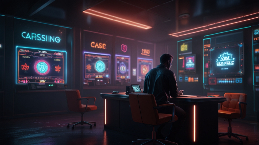 Casino login error screen with troubleshooting icons in a dark control room